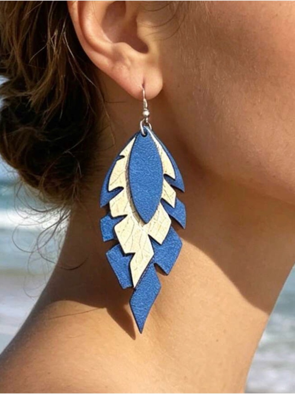 Blue and Gold Layered Feather Drop Earrings - Women Jewelry - Picture 3 of 7